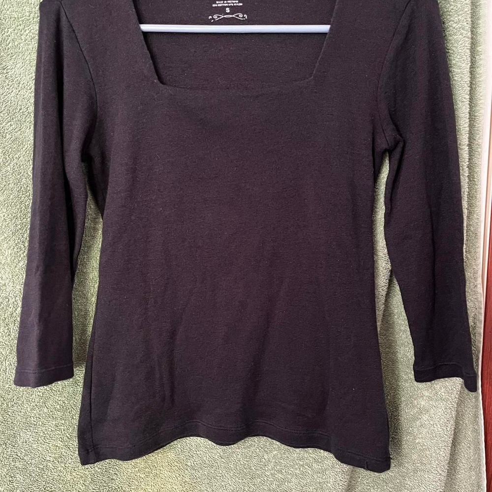Dressbarn Womens Black Square Neck 3/4 Sleeve Thin Sweater Knit Top Small